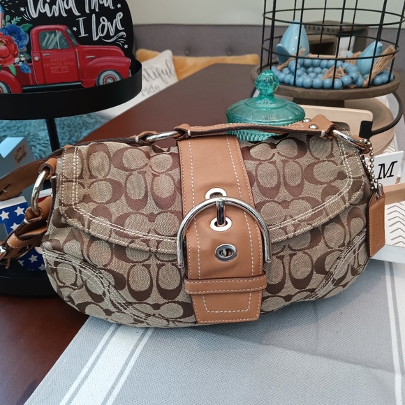 Bags Coach Signature Beige Canvas And Tan Leather Shoulder Bag Poshmark